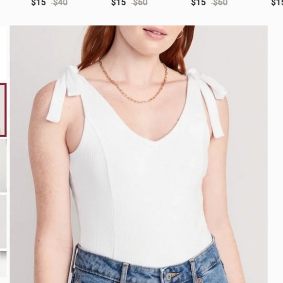 2 Old Navy Tie-Shoulder V-Neck Rib-Knit Bodysuit White & Tan PolkaDot Large NEW - Picture 10 of 11